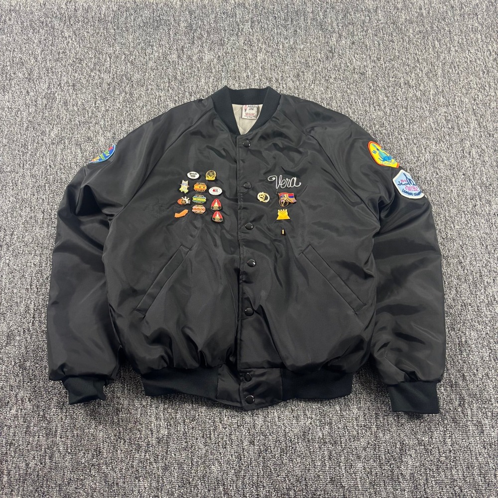 Vintage 80s Aristo Jac Nylon Bowling Bomber Jacket Pins Patches Black Medium
